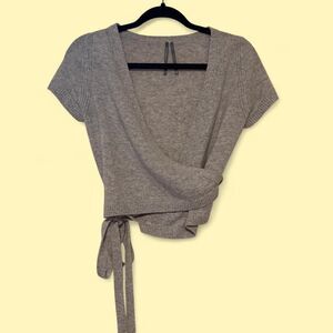 Anthropologie Wool Cashmere Wrap Sweater Top M Gray Balletcore Tie Waist Knit